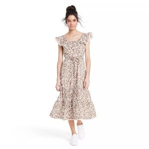 RIXO Cream Midi Dress with Brown Floral Print
